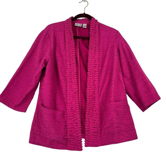 Chicos Open Jacket Size L Fuchsia Pink Embroidered Braided Pleated Texture - Picture 1 of 10